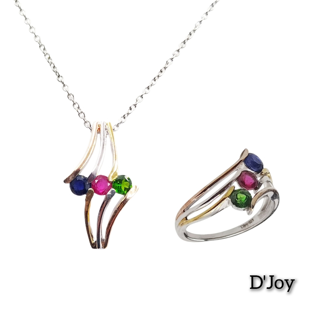 D’Joy Multi Gemstone 3 Stone Ring & Pendant Set YRG Rhodium 925 Size 8. NWOT